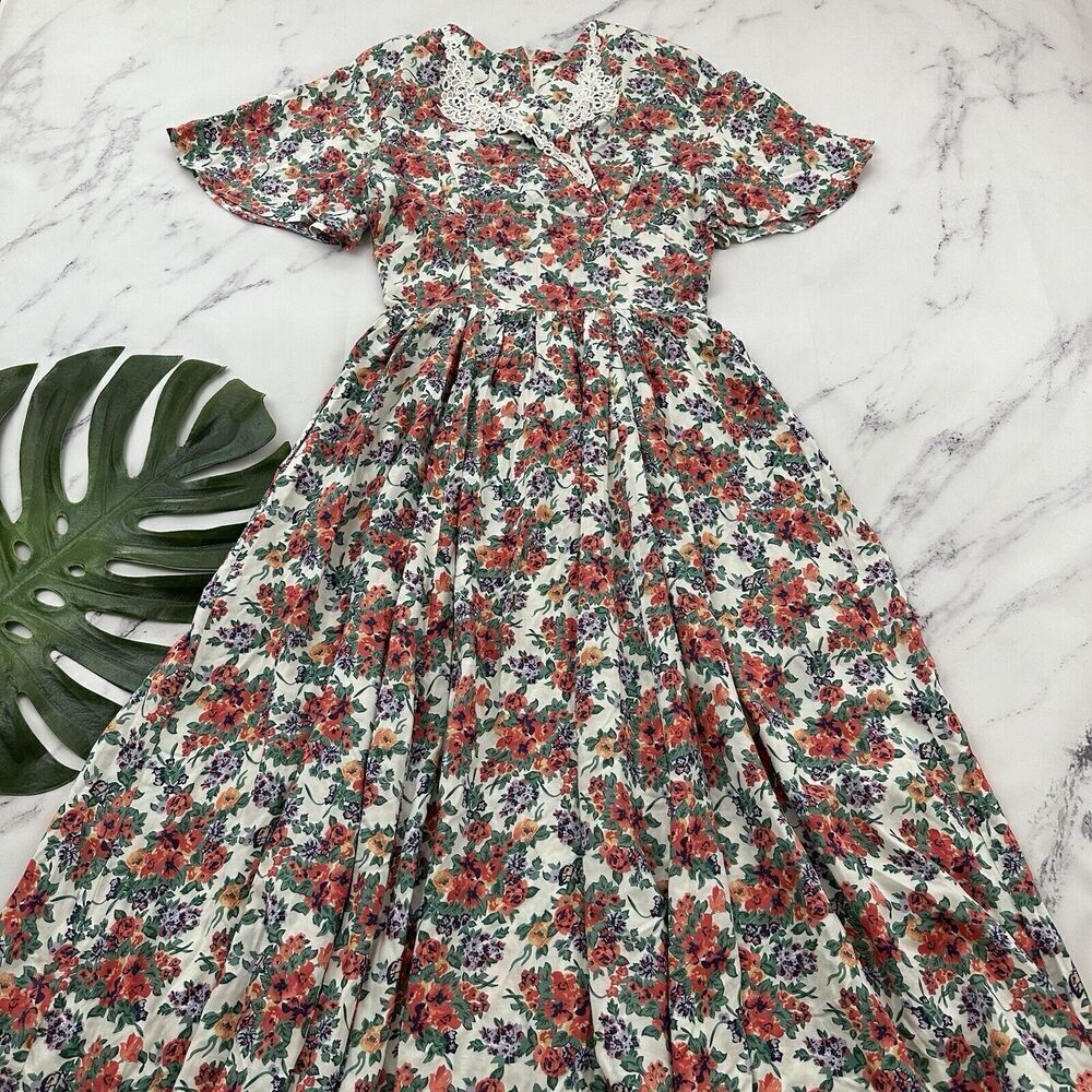 Maggie Lawrence Womens Vintage 90s Floral Dress Size 10 Pink Green Lace Pockets